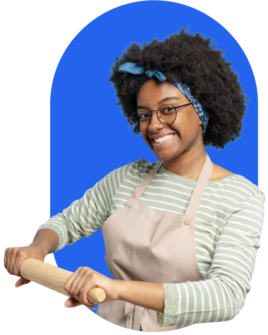 Professional cleaning service provider in blue sweater showing enthusiasm